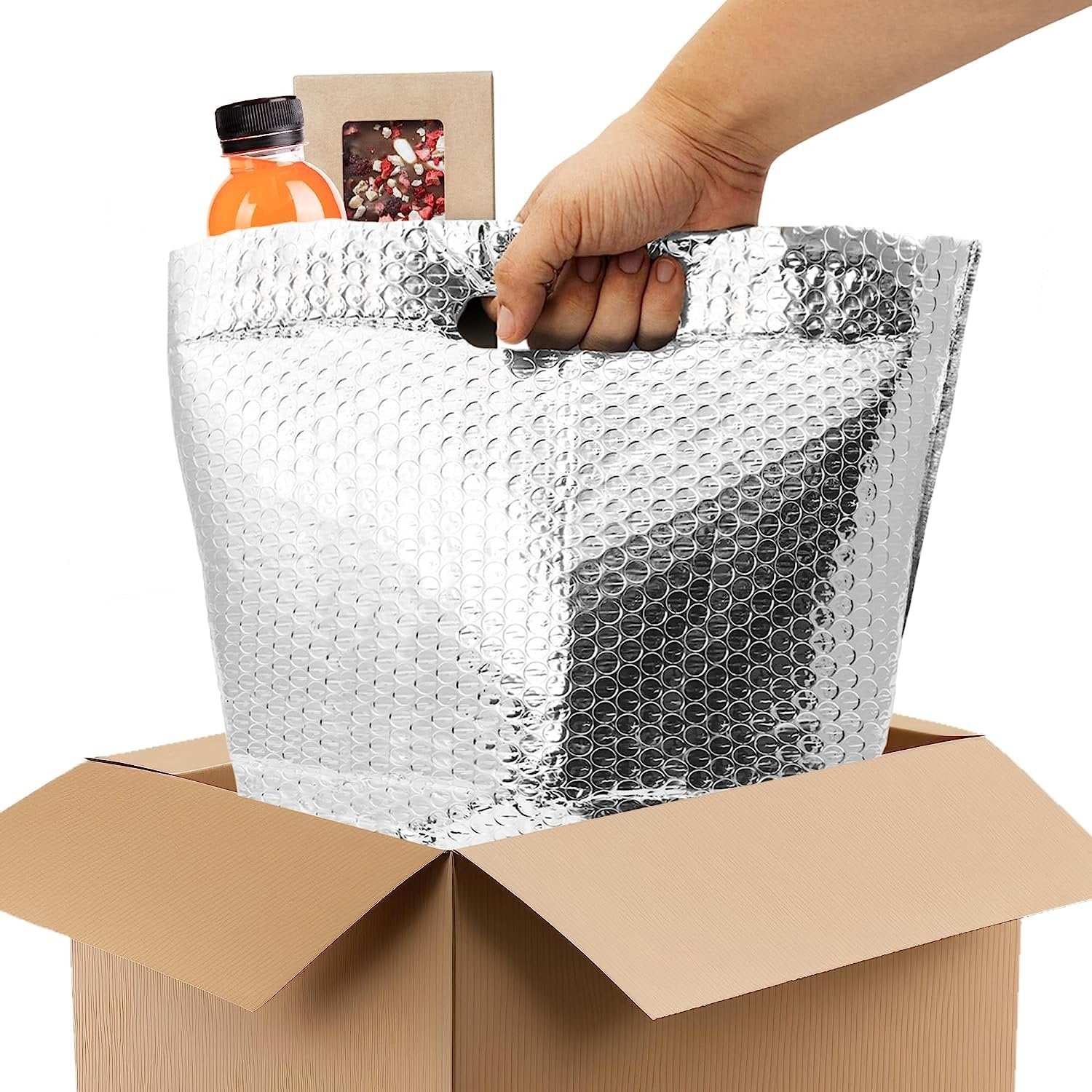 APQ Thermal Bags with Handle 8 x 8 x 8, Pack of 50 Insulated Thermal Bubble Bags, Metalized Foil Cold Shipping Package, Packaging Bags for Shipping Frozen Products, Bubble Shipping Bags for Food - Mailboxes of Flushing