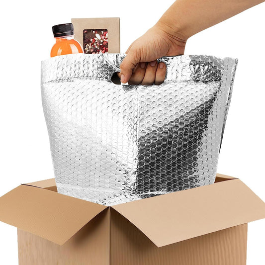 APQ Thermal Bags with Handle 8 x 8 x 8, Pack of 50 Insulated Thermal Bubble Bags, Metalized Foil Cold Shipping Package, Packaging Bags for Shipping Frozen Products, Bubble Shipping Bags for Food - Mailboxes of Flushing