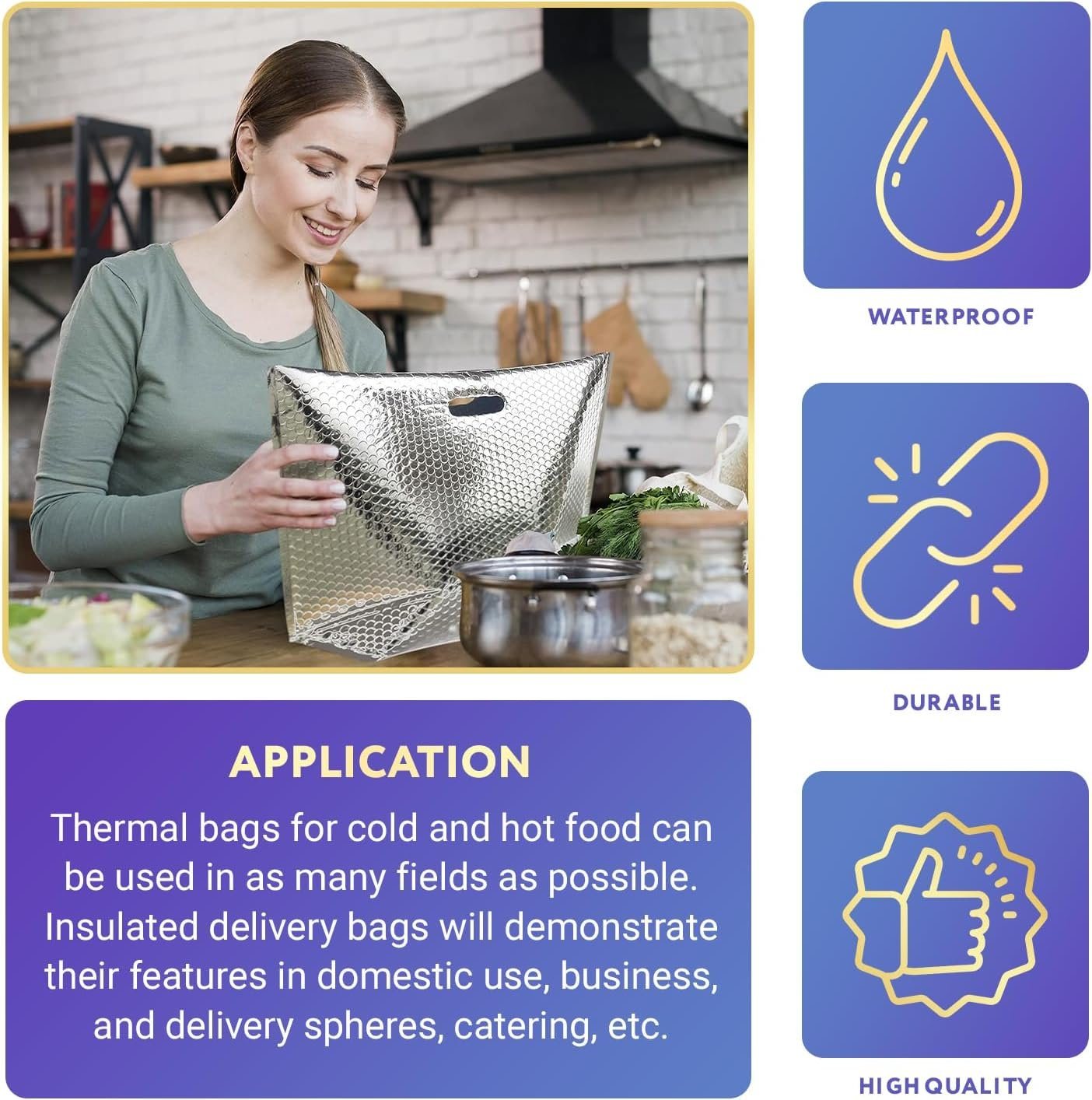 APQ Thermal Bags with Handle 8 x 8 x 8, Pack of 50 Insulated Thermal Bubble Bags, Metalized Foil Cold Shipping Package, Packaging Bags for Shipping Frozen Products, Bubble Shipping Bags for Food - Mailboxes of Flushing