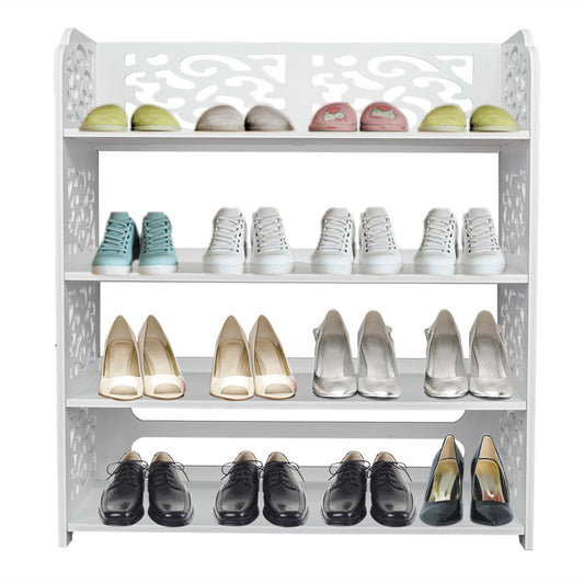 Free shipping Wood-plastic Board Four Tiers Carved Shoe Rack White YJ - Mailboxes of Flushing