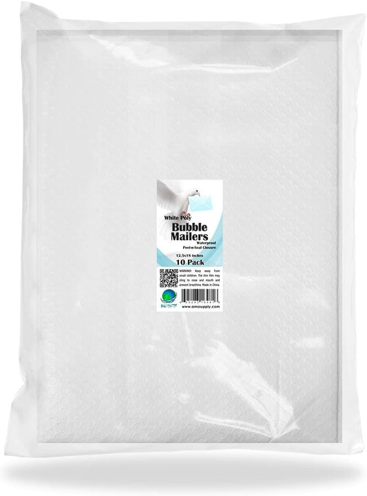 Pack of 10 White Poly Bubble Mailers Pouches 12.5 x 18 Cushion Padded Envelopes 12 1/2 x 18 Large Size Shipping Bags with Peel and Seal Closure for Mailing Moving Storage Packing and Packaging - Mailboxes of Flushing