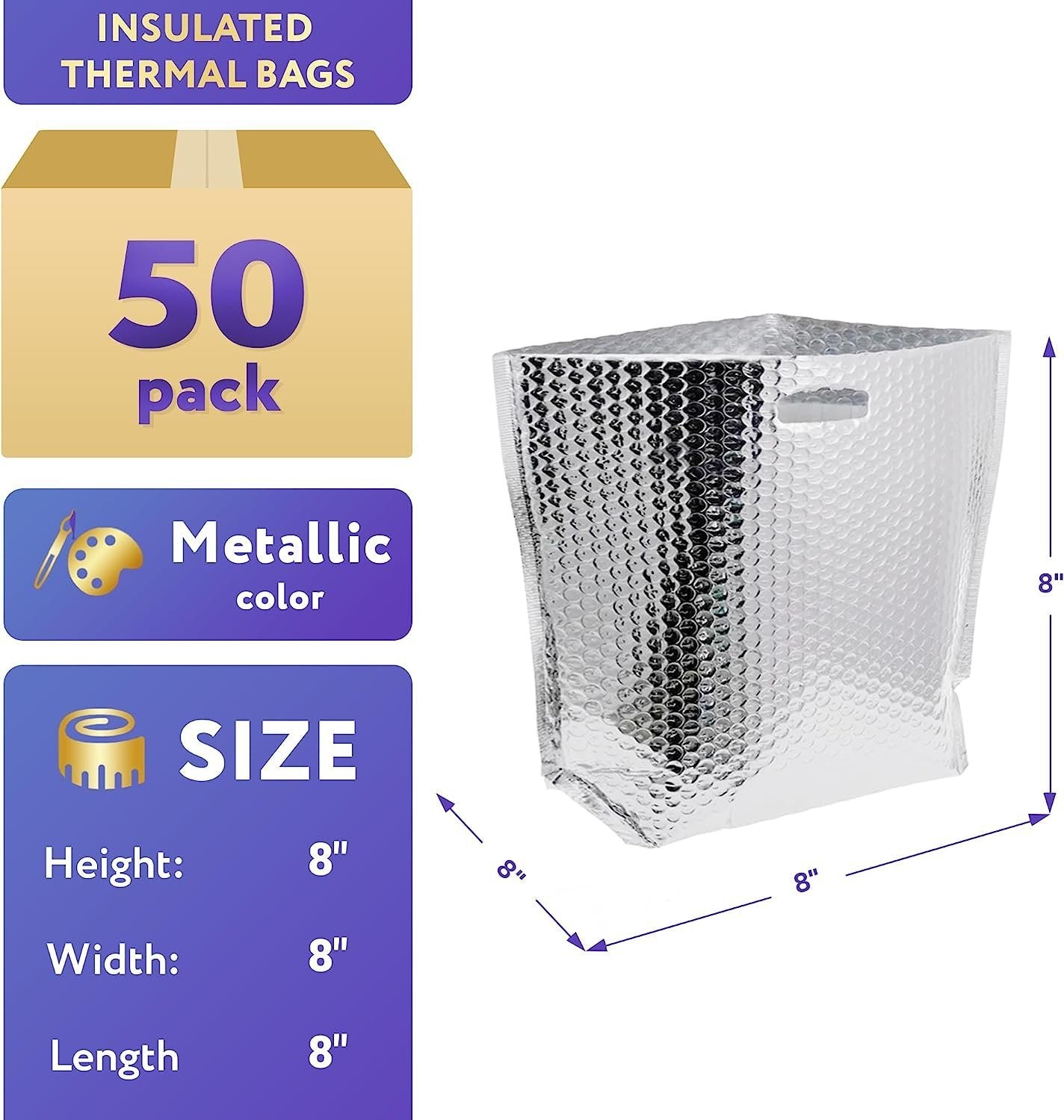 APQ Thermal Bags with Handle 8 x 8 x 8, Pack of 50 Insulated Thermal Bubble Bags, Metalized Foil Cold Shipping Package, Packaging Bags for Shipping Frozen Products, Bubble Shipping Bags for Food - Mailboxes of Flushing