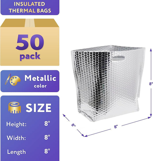APQ Thermal Bags with Handle 8 x 8 x 8, Pack of 50 Insulated Thermal Bubble Bags, Metalized Foil Cold Shipping Package, Packaging Bags for Shipping Frozen Products, Bubble Shipping Bags for Food - Mailboxes of Flushing